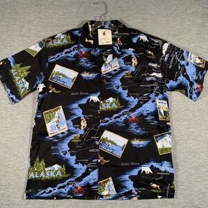 David Carey Hawaiian Shirt Mens Large Black Alaska Map Travel Aloha Button Front